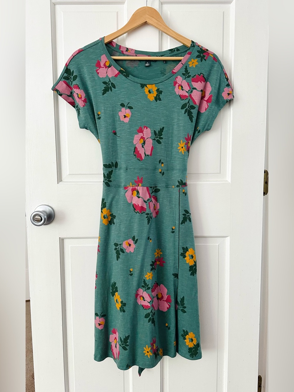 Toad&Co Cue Wrap Short Sleeve Dress Silver Pine Teal Floral Size S